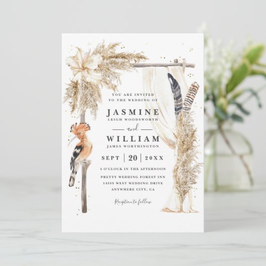 Boho Pampas Canopy Elegant QR Code Wedding 招待状 (スタンド正面)