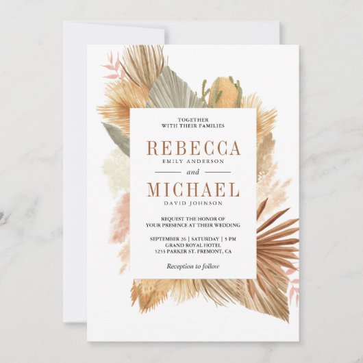 Boho Pampas Drayed Palm All 結婚 In One's 招待状 (正面)