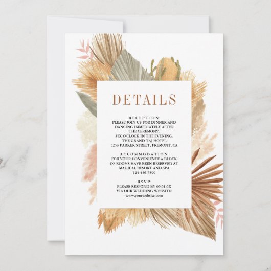 Boho Pampas Drayed Palm All 結婚 In One's 招待状 (裏面)