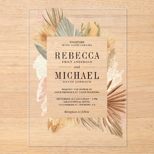 Boho Pampas Dried Palm Wedding アクリル招待状 (正面)