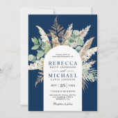 Boho Pampas Eucalyptus Arch Navy Blue Wedding 招待状 (正面)