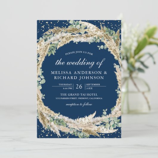 Boho Pampas Eucalyptus Wreath Navy Blue Wedding 招待状 (スタンド正面)