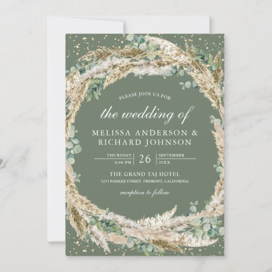 Boho Pampas Eucalyptus Wreath Sage Green Wedding 招待状 (正面)