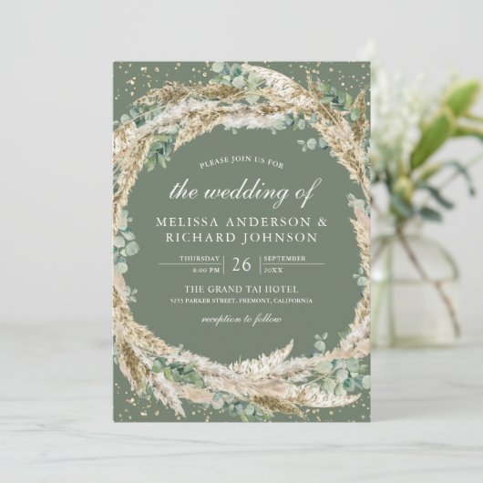 Boho Pampas Eucalyptus Wreath Sage Green Wedding 招待状 (スタンド正面)