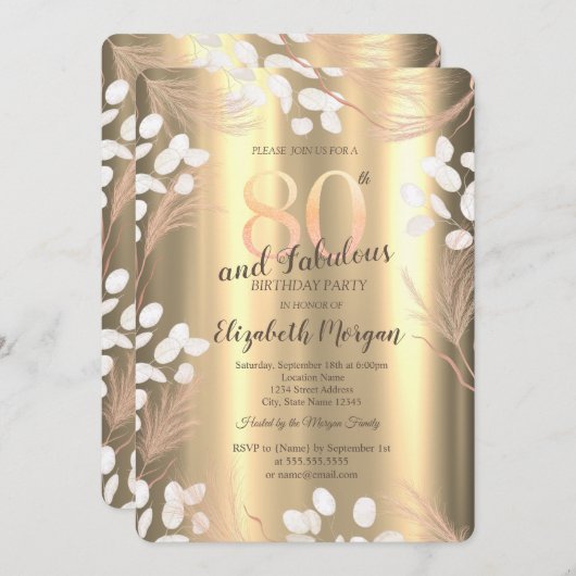 Boho Pampas Flowers Gold 80th Birthday  招待状 (正面/裏面)