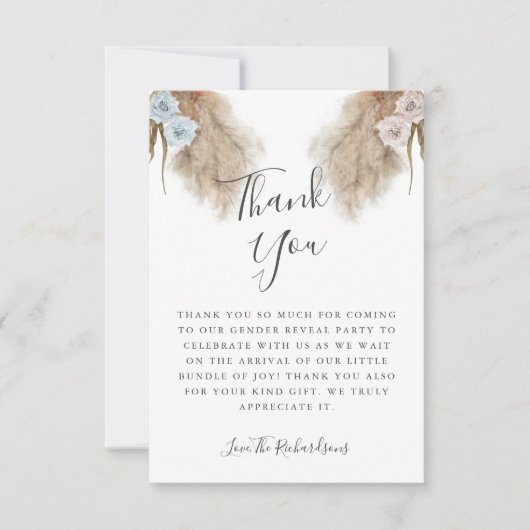 Boho Pampas Grassジェンダーがパーティーを公開 サンキューカード (正面)