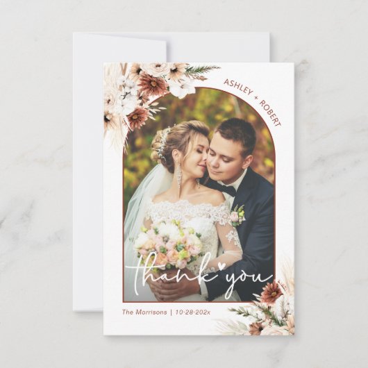 Boho Pampas Grassフローラアー結婚チの写真 サンキューカード (正面)