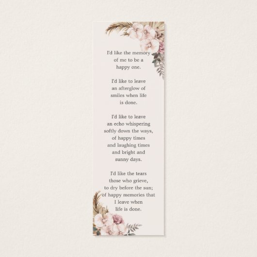 Boho Pampas Grass写真葬儀記念ブックマーク (裏面)