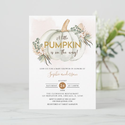 Boho Pampas Grass小さなカボチャ赤ちゃんシャワー 招待状 (スタンド正面)
