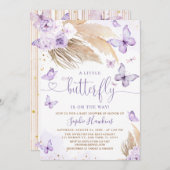 Boho Pampas Grass小さな蝶の赤ちゃんシャワー 招待状 (正面/裏面)