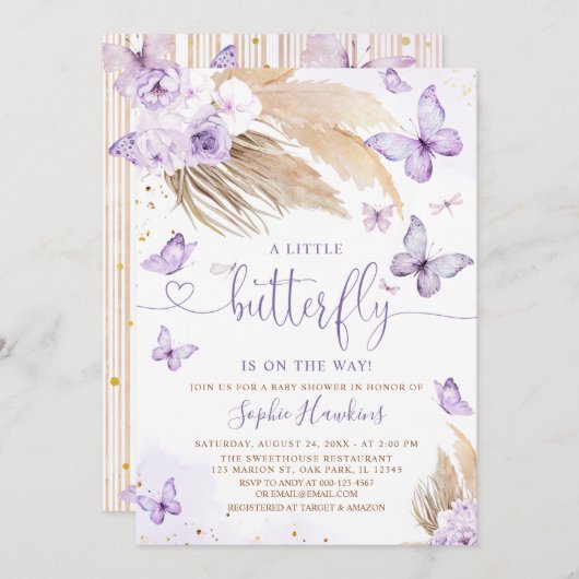 Boho Pampas Grass小さな蝶の赤ちゃんシャワー 招待状 (正面/裏面)