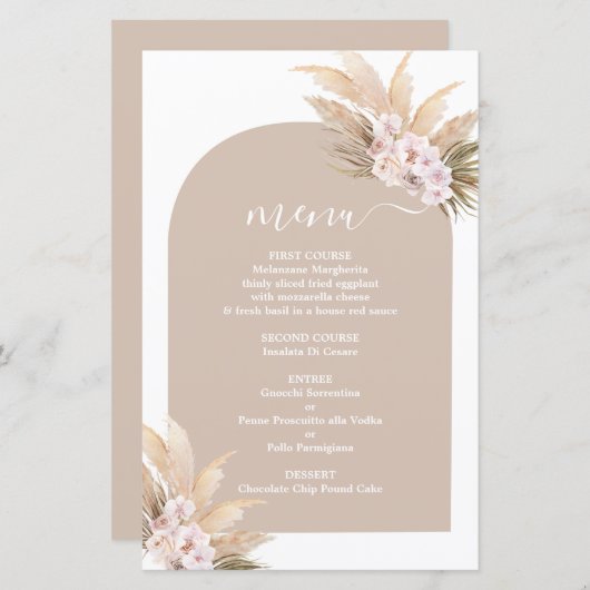 Boho Pampas Grass Archの結婚メニューカード (正面/裏面)