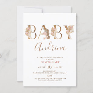 Boho Pampas Grass Baby Girl Name Baby Shower 招待状