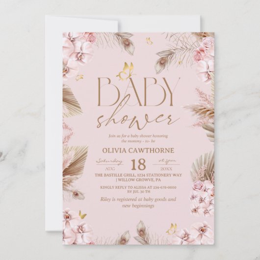  Boho Pampas Grass Baby Shower 招待状 (正面)