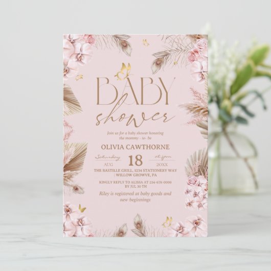 Boho Pampas Grass Baby Shower 招待状 (スタンド正面)