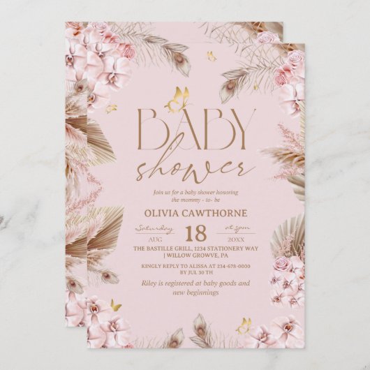  Boho Pampas Grass Baby Shower 招待状 (正面/裏面)