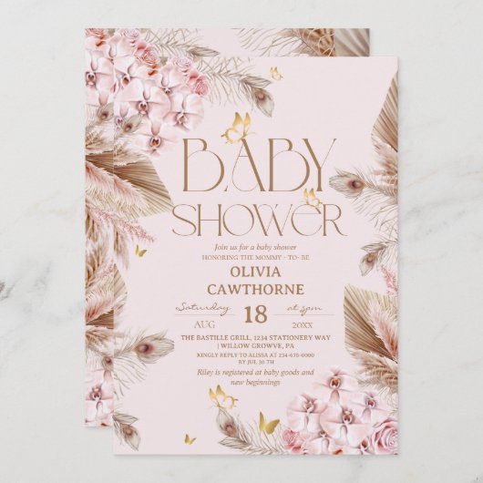  Boho Pampas Grass  Baby Shower  招待状 (正面/裏面)