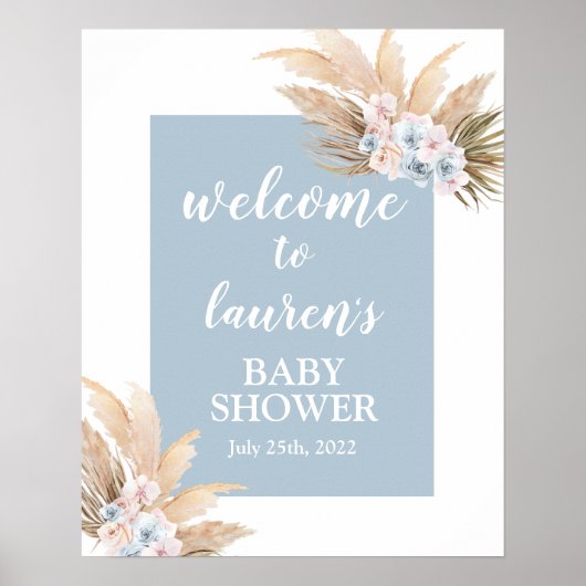 Boho Pampas Grass Baby Shower Boy Welcome sign ポスター (正面)