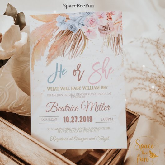 Boho Pampas Grass Baby Shower Gender招待状 招待状
