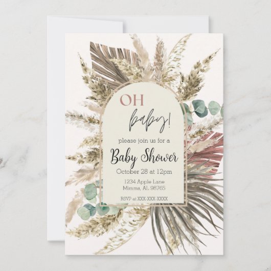 Boho Pampas Grass Baby Shower Invitation | Neutral 招待状 (正面)