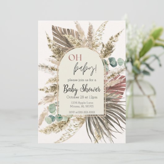 Boho Pampas Grass Baby Shower Invitation | Neutral 招待状 (スタンド正面)