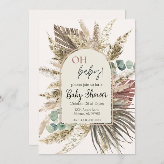 Boho Pampas Grass Baby Shower Invitation | Neutral 招待状 (正面/裏面)