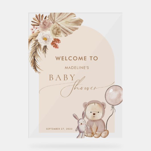 Boho Pampas Grass Bearバルーンベビーシャワー アクリルサイン (正面)