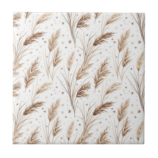 Boho Pampas Grass Beige Brown Star Pattern (1) タイル (正面)