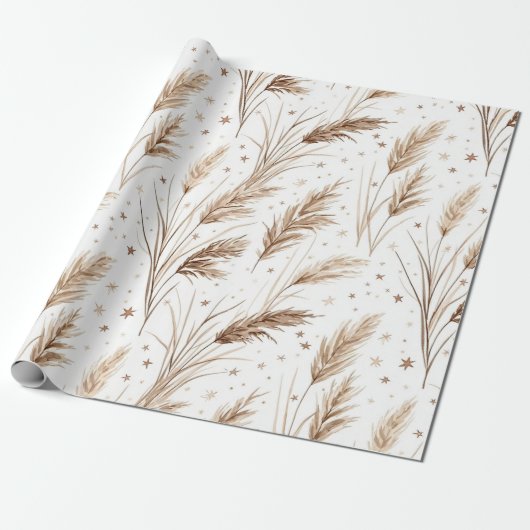 Boho Pampas Grass Beige Brown Star Pattern (1) ラッピングペーパー (アンロールド)