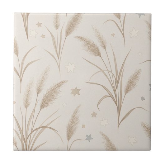 Boho Pampas Grass Beige Brown Star Pattern (2) タイル (正面)