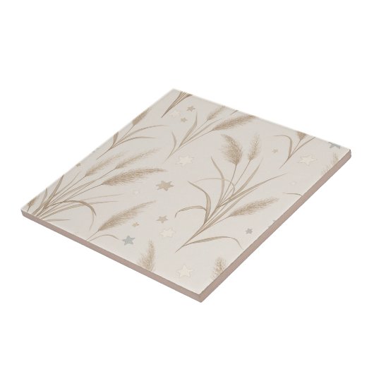 Boho Pampas Grass Beige Brown Star Pattern (2) タイル (側面)