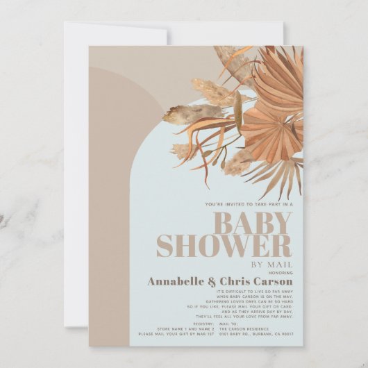 Boho Pampas Grass Blue Baby Shower by Mail 招待状 (正面)