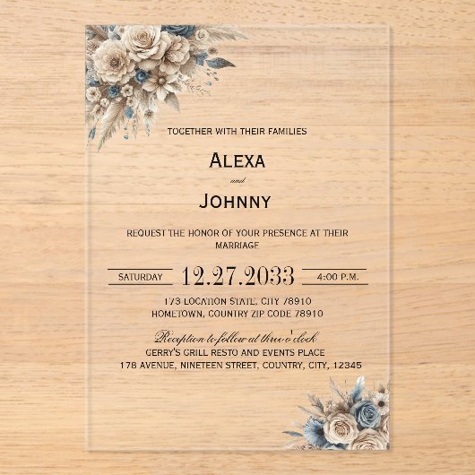 Boho Pampas Grass Blue Florals Elegant アクリル招待状 (正面)