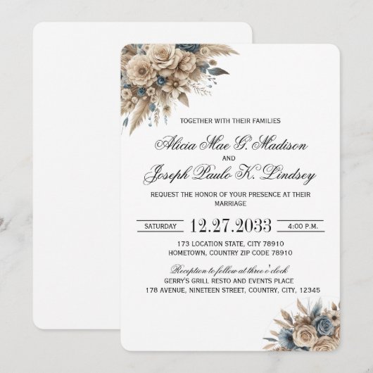 Boho Pampas Grass Blue Florals Elegant 招待状 (正面/裏面)