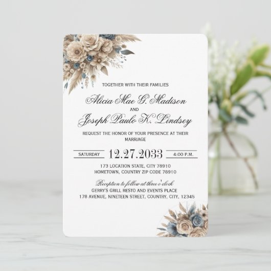 Boho Pampas Grass Blue Florals Elegant 招待状 (スタンド正面)