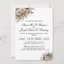 Boho Pampas Grass Blue Florals Elegant 招待状