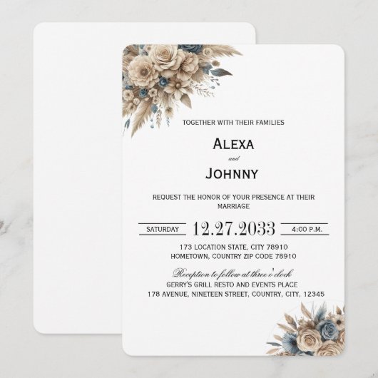 Boho Pampas Grass Blue Florals Elegant 招待状 (正面/裏面)