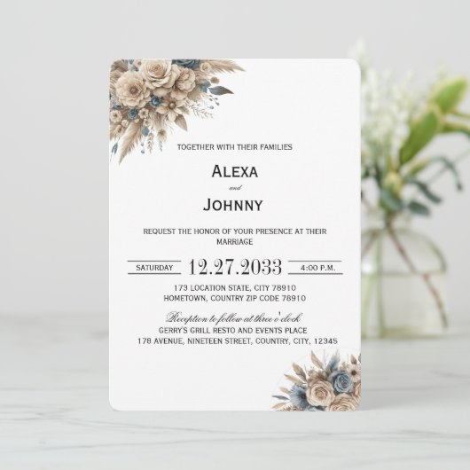 Boho Pampas Grass Blue Florals Elegant 招待状 (スタンド正面)