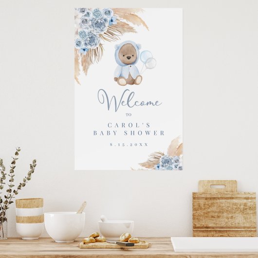 Boho Pampas Grass Boy Bear Welcome Sign （マット） ポスター (キッチン)