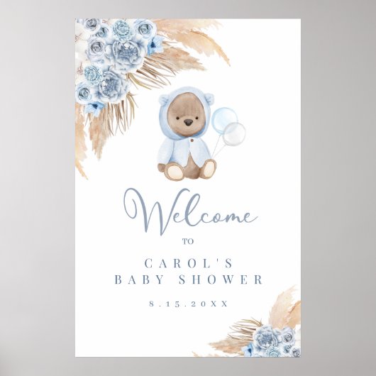 Boho Pampas Grass Boy Bear Welcome Sign （マット） ポスター (正面)