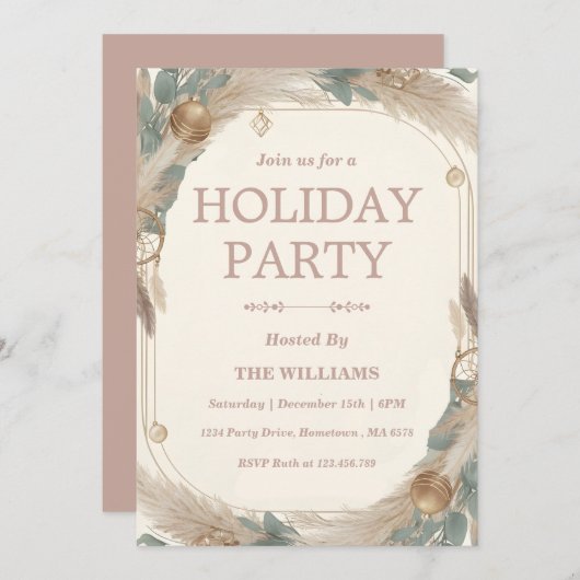 Boho Pampas Grass & Dreamcatcher Holiday 招待状 (正面/裏面)