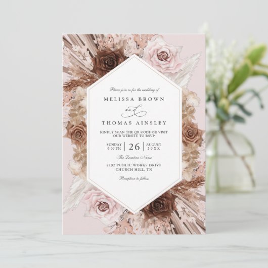 Boho Pampas Grass Dusty Floral QR Code Wedding 招待状 (スタンド正面)