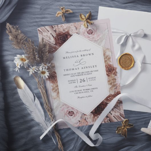 Boho Pampas Grass Dusty Floral QR Code Wedding 招待状