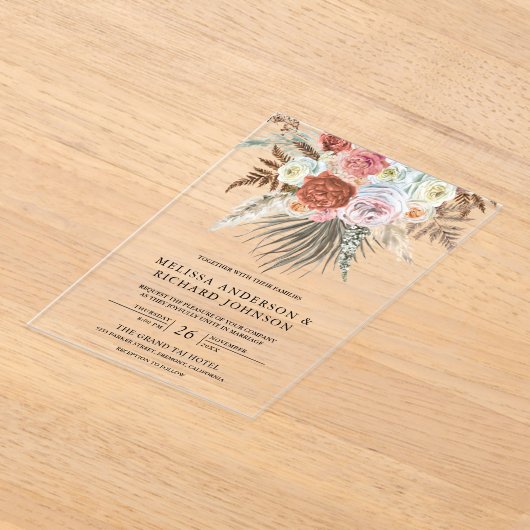 Boho Pampas Grass Earthy Floral Terracotta Wedding アクリル招待状 (レイダウン)