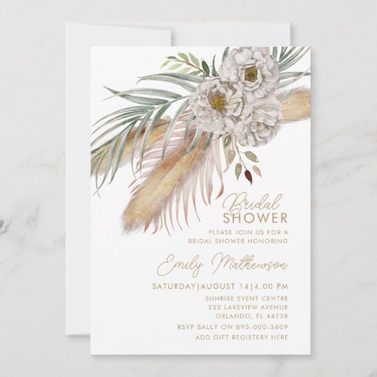 Boho Pampas Grass & Floral Bridal Shower 招待状 (正面)