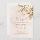 Boho Pampas Grass Floral It's a Girl Baby Shower 招待状 (正面)