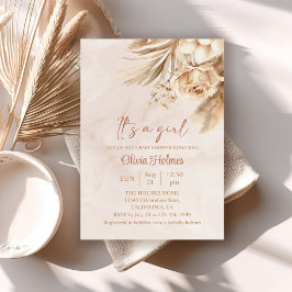 Boho Pampas Grass Floral It's a Girl Baby Shower 招待状