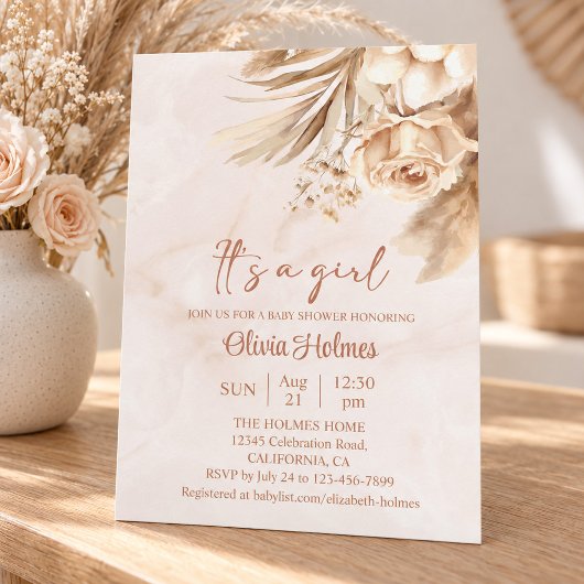 Boho Pampas Grass Floral It's a Girl Baby Shower 招待状