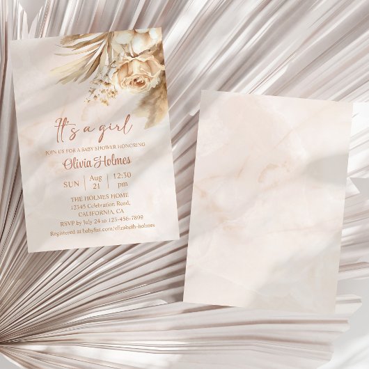Boho Pampas Grass Floral It's a Girl Baby Shower 招待状
