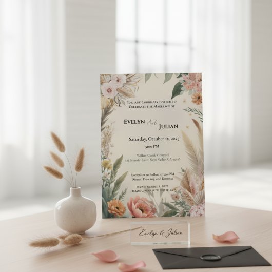 Boho Pampas Grass Floral Wedding Invitation  招待状